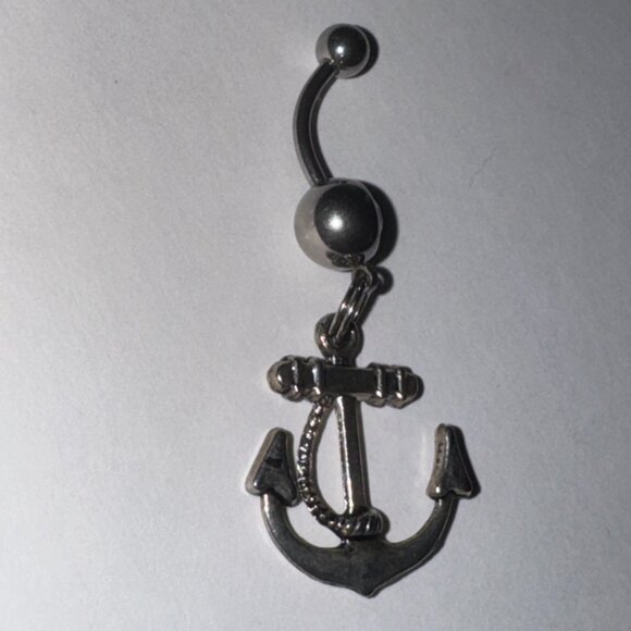 Large Anchor with Rope and Light Blue Gem Dangle Belly Ring - Picture 5 of 16